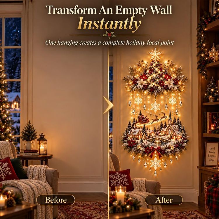 Picture of Illuminated Christmas Tree & Village Wall Hanging,Warm Light Holiday Decor Warm Light, Christmas Theme, Wall Mounted, Holiday Decoration, Indoor Decor
