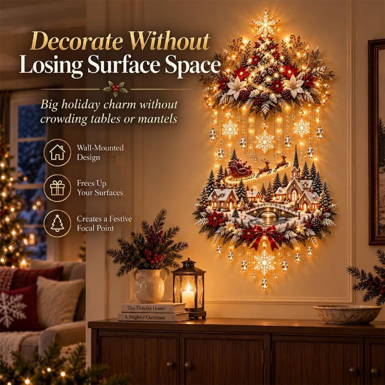 Picture of Illuminated Christmas Tree & Village Wall Hanging,Warm Light Holiday Decor Warm Light, Christmas Theme, Wall Mounted, Holiday Decoration, Indoor Decor