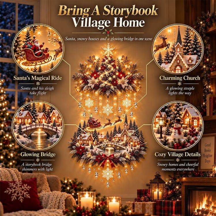 Picture of Illuminated Christmas Tree & Village Wall Hanging,Warm Light Holiday Decor Warm Light, Christmas Theme, Wall Mounted, Holiday Decoration, Indoor Decor