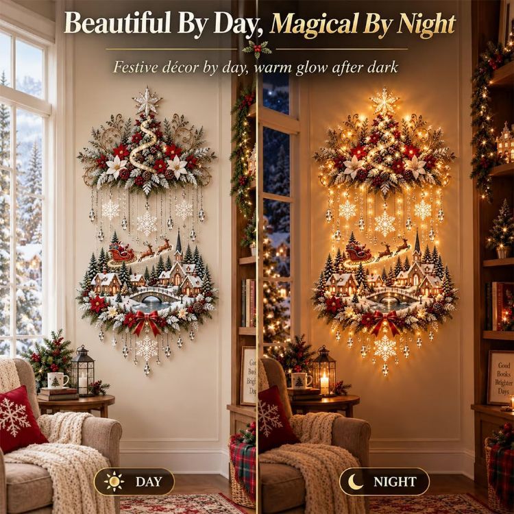 Picture of Illuminated Christmas Tree & Village Wall Hanging,Warm Light Holiday Decor Warm Light, Christmas Theme, Wall Mounted, Holiday Decoration, Indoor Decor