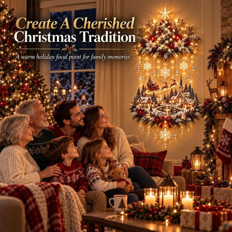 Picture of Illuminated Christmas Tree & Village Wall Hanging,Warm Light Holiday Decor Warm Light, Christmas Theme, Wall Mounted, Holiday Decoration, Indoor Decor