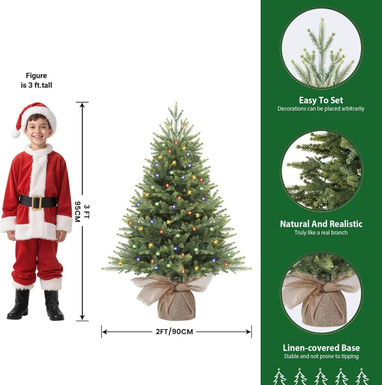 Picture of 3ft PE Pre-Lit Artificial Christmas Tree with Multi-Color lights Natural Bushy PE Branch Tips, 90 Premium LED Lights, 17 Lighting Modes, Perfect for Indoor Christmas Decorations