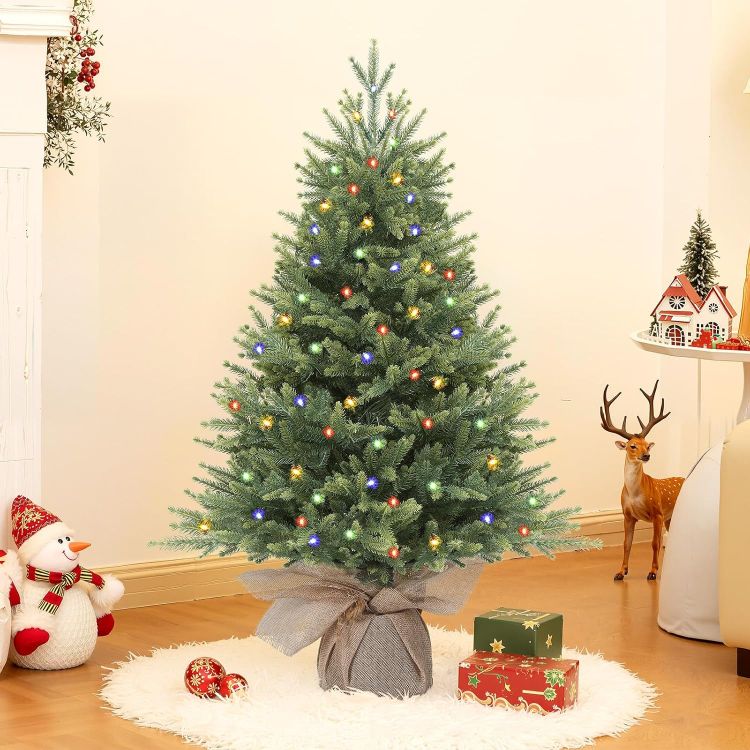 Picture of 3ft PE Pre-Lit Artificial Christmas Tree with Multi-Color lights Natural Bushy PE Branch Tips, 90 Premium LED Lights, 17 Lighting Modes, Perfect for Indoor Christmas Decorations