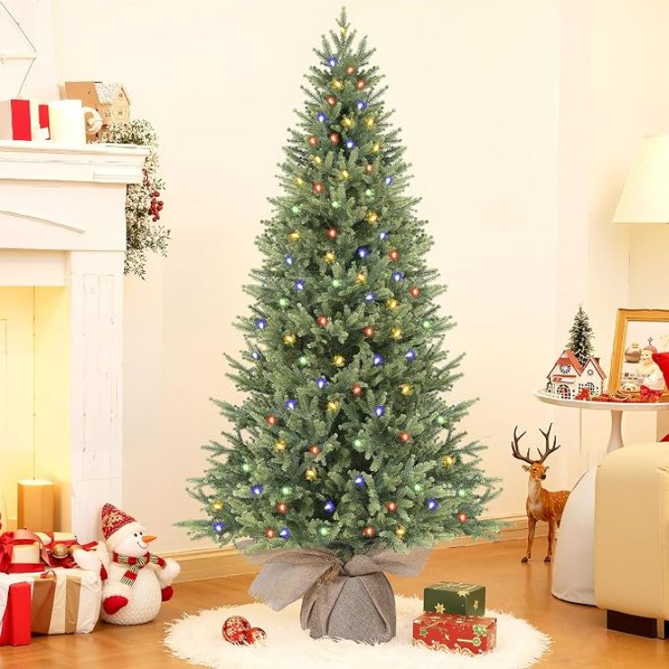 Picture of 3ft PE Pre-Lit Artificial Christmas Tree with Multi-Color lights Natural Bushy PE Branch Tips, 90 Premium LED Lights, 17 Lighting Modes, Perfect for Indoor Christmas Decorations