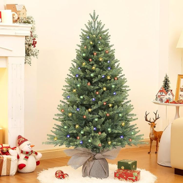 Picture of 3ft PE Pre-Lit Artificial Christmas Tree with Multi-Color lights Natural Bushy PE Branch Tips, 90 Premium LED Lights, 17 Lighting Modes, Perfect for Indoor Christmas Decorations