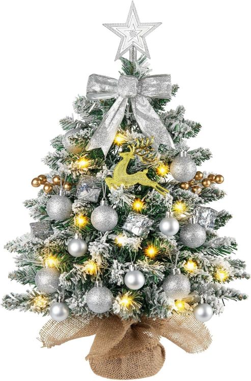 Picture of Mini Christmas Tree with Lights, 61CM Tabletop Tree with Topper Xmas Tree with Snow and Star Ornaments, Artificial Tree for Home Office Desktop Party Christmas Decorations(Snow Green)
