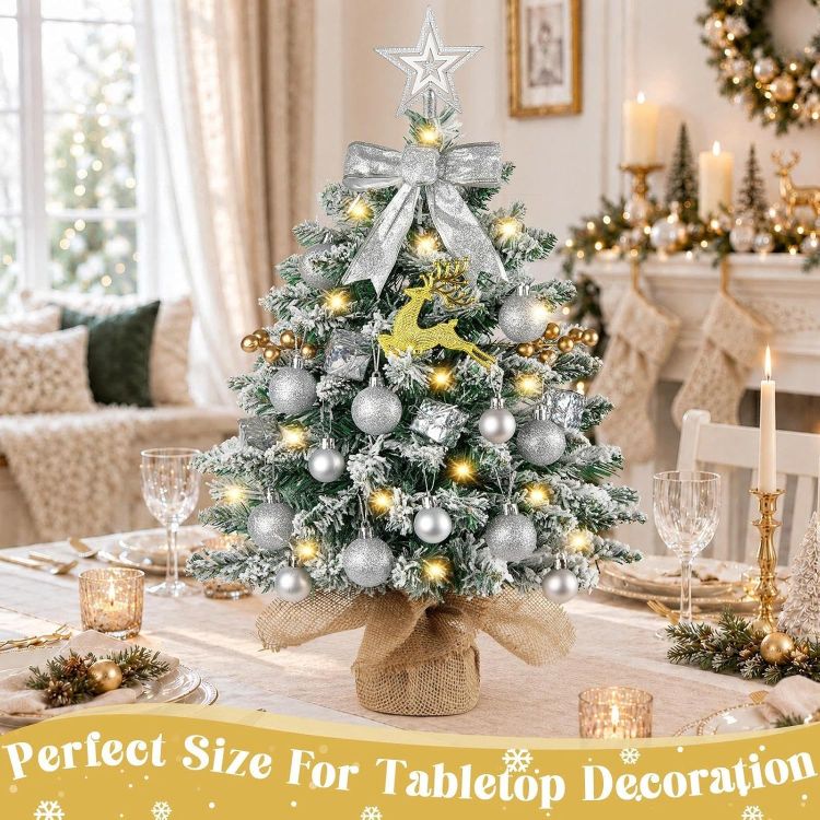 Picture of Mini Christmas Tree with Lights, 61CM Tabletop Tree with Topper Xmas Tree with Snow and Star Ornaments, Artificial Tree for Home Office Desktop Party Christmas Decorations(Snow Green)