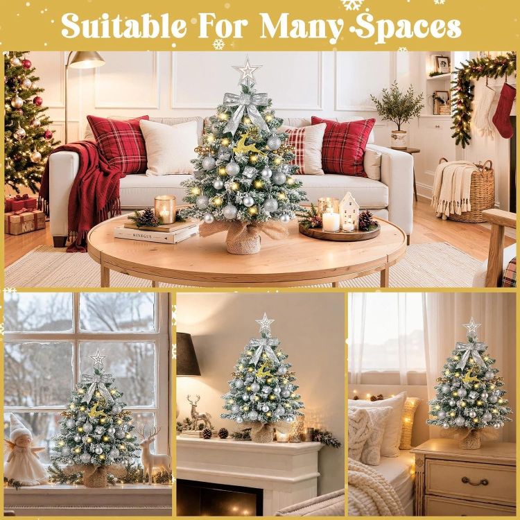 Picture of Mini Christmas Tree with Lights, 61CM Tabletop Tree with Topper Xmas Tree with Snow and Star Ornaments, Artificial Tree for Home Office Desktop Party Christmas Decorations(Snow Green)