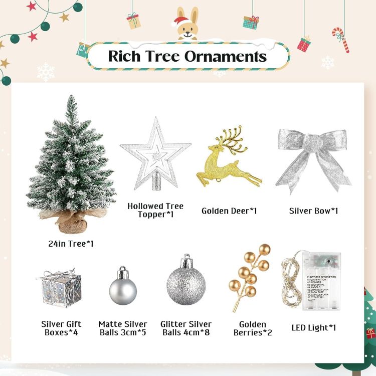 Picture of Mini Christmas Tree with Lights, 61CM Tabletop Tree with Topper Xmas Tree with Snow and Star Ornaments, Artificial Tree for Home Office Desktop Party Christmas Decorations(Snow Green)