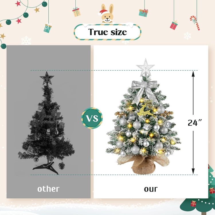 Picture of Mini Christmas Tree with Lights, 61CM Tabletop Tree with Topper Xmas Tree with Snow and Star Ornaments, Artificial Tree for Home Office Desktop Party Christmas Decorations(Snow Green)