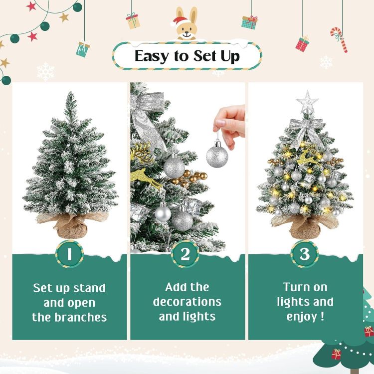 Picture of Mini Christmas Tree with Lights, 61CM Tabletop Tree with Topper Xmas Tree with Snow and Star Ornaments, Artificial Tree for Home Office Desktop Party Christmas Decorations(Snow Green)
