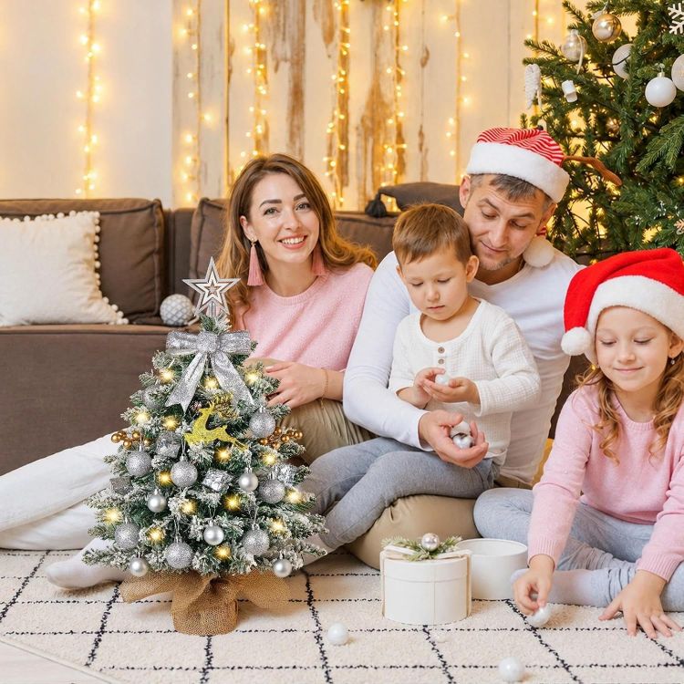 Picture of Mini Christmas Tree with Lights, 61CM Tabletop Tree with Topper Xmas Tree with Snow and Star Ornaments, Artificial Tree for Home Office Desktop Party Christmas Decorations(Snow Green)