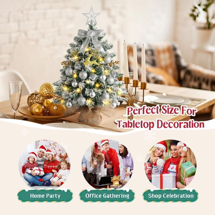 Picture of Mini Christmas Tree with Lights, 61CM Tabletop Tree with Topper Xmas Tree with Snow and Star Ornaments, Artificial Tree for Home Office Desktop Party Christmas Decorations(Snow Green)