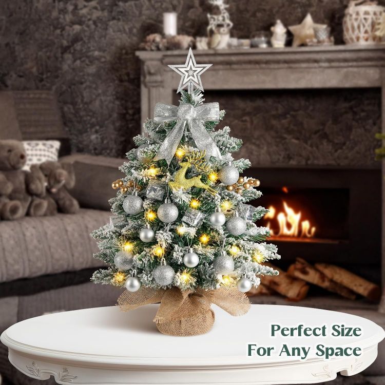 Picture of Mini Christmas Tree with Lights, 61CM Tabletop Tree with Topper Xmas Tree with Snow and Star Ornaments, Artificial Tree for Home Office Desktop Party Christmas Decorations(Snow Green)