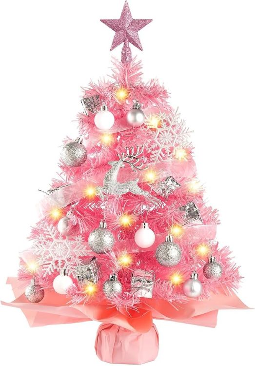 Picture of Mini Christmas Tree with Lights, 61CM Tabletop Tree with Topper Xmas Tree with Snow and Star Ornaments, Artificial Tree for Home Office Desktop Party Christmas Decorations(Snow Green)