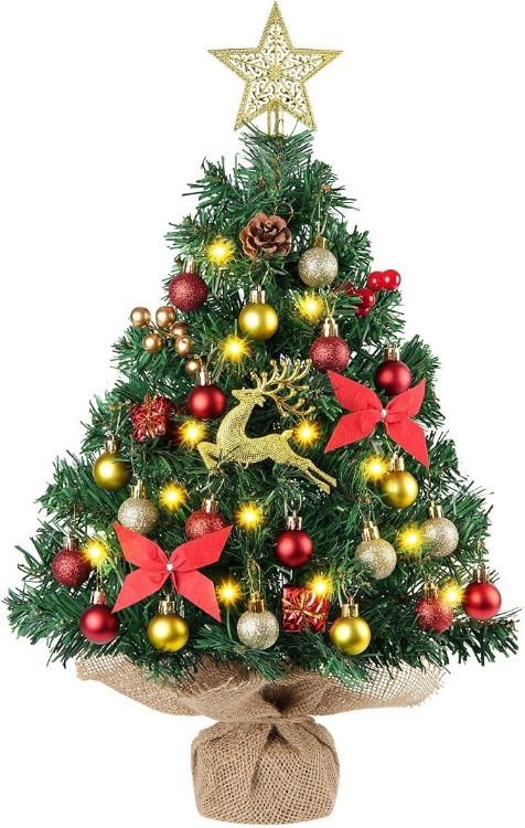 Picture of Mini Christmas Tree with Lights, 61CM Tabletop Tree with Topper Xmas Tree with Snow and Star Ornaments, Artificial Tree for Home Office Desktop Party Christmas Decorations(Snow Green)