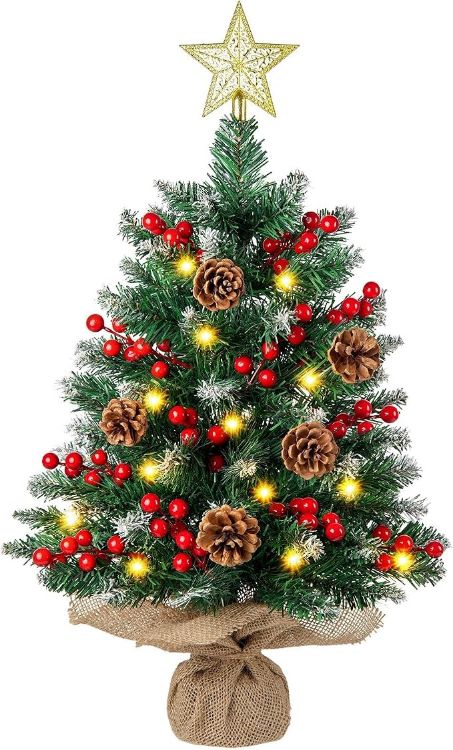 Picture of Mini Christmas Tree with Lights, 61CM Tabletop Tree with Topper Xmas Tree with Snow and Star Ornaments, Artificial Tree for Home Office Desktop Party Christmas Decorations(Snow Green)
