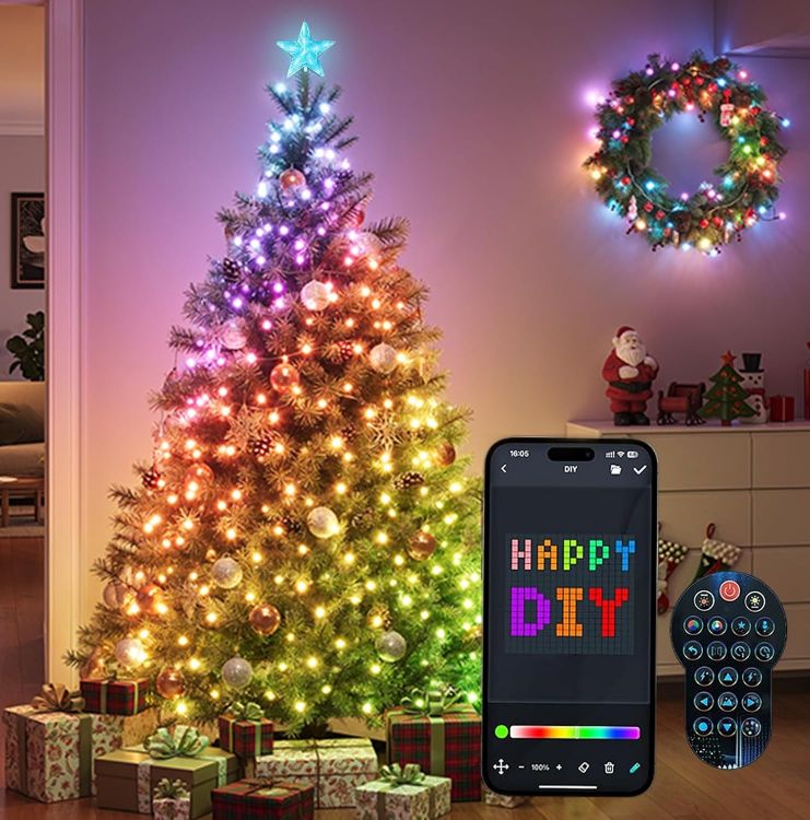 Picture of Smart Christmas Tree Lights 2.1m, DIY RGBIC Lighting Animated Pattern Displays, Waterfall Xmas LED Tree Lights with Star Topper, App & Remote Control, Music Sync Timer for Holiday in/Outdoor