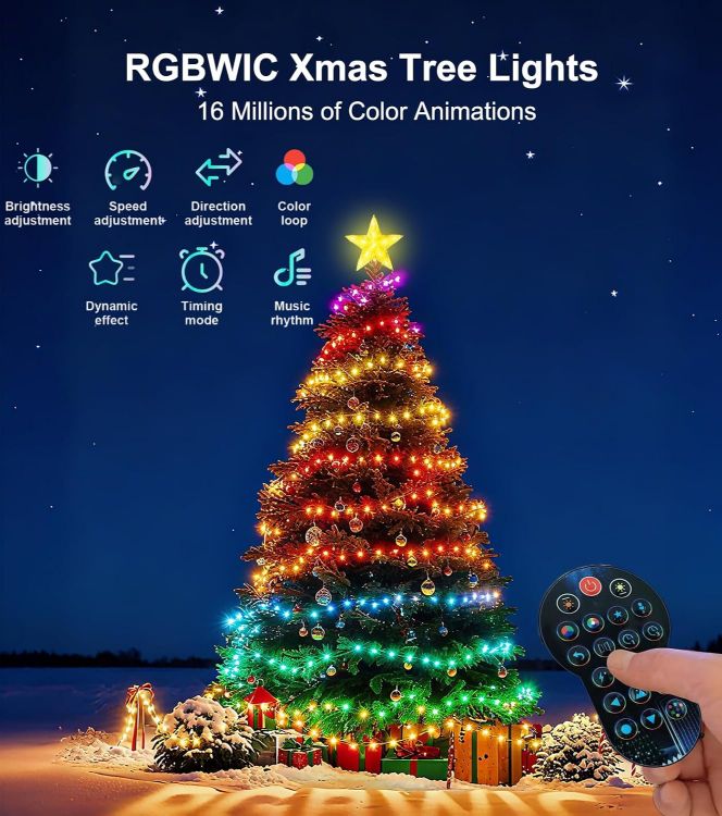 Picture of Smart Christmas Tree Lights 2.1m, DIY RGBIC Lighting Animated Pattern Displays, Waterfall Xmas LED Tree Lights with Star Topper, App & Remote Control, Music Sync Timer for Holiday in/Outdoor