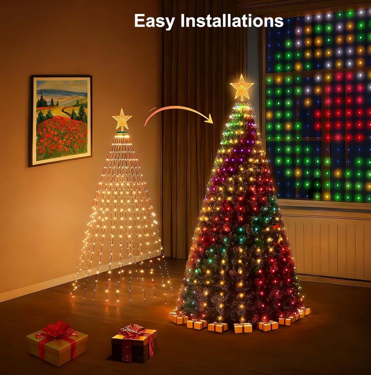 Picture of Smart Christmas Tree Lights 2.1m, DIY RGBIC Lighting Animated Pattern Displays, Waterfall Xmas LED Tree Lights with Star Topper, App & Remote Control, Music Sync Timer for Holiday in/Outdoor