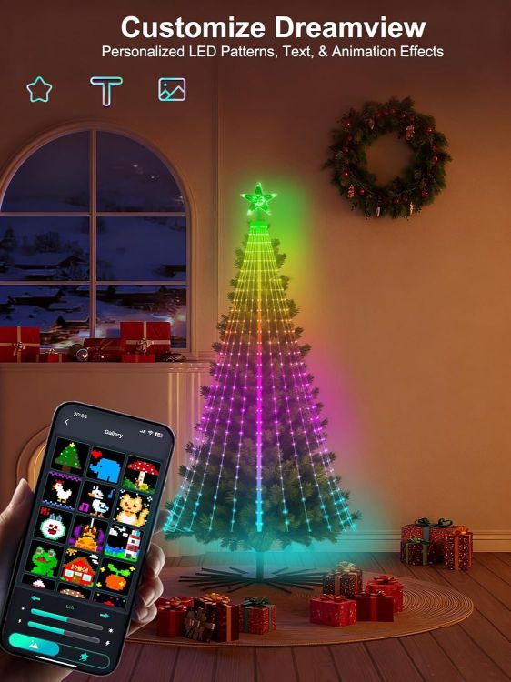 Picture of Smart Christmas Tree Lights 2.1m, DIY RGBIC Lighting Animated Pattern Displays, Waterfall Xmas LED Tree Lights with Star Topper, App & Remote Control, Music Sync Timer for Holiday in/Outdoor