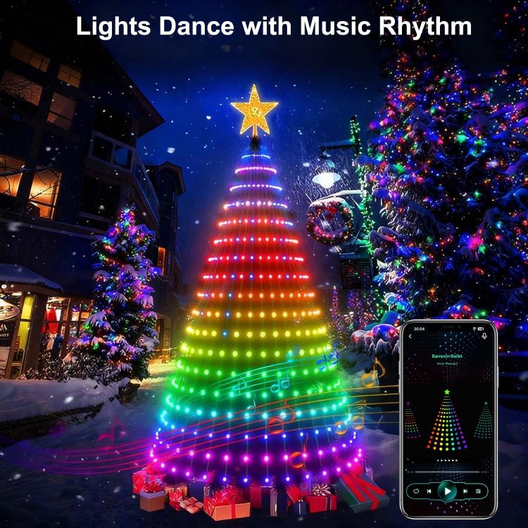 Picture of Smart Christmas Tree Lights 2.1m, DIY RGBIC Lighting Animated Pattern Displays, Waterfall Xmas LED Tree Lights with Star Topper, App & Remote Control, Music Sync Timer for Holiday in/Outdoor