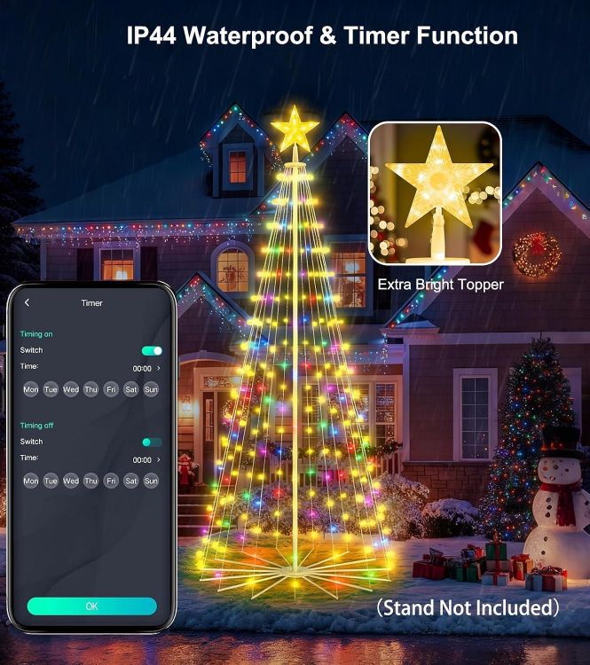 Picture of Smart Christmas Tree Lights 2.1m, DIY RGBIC Lighting Animated Pattern Displays, Waterfall Xmas LED Tree Lights with Star Topper, App & Remote Control, Music Sync Timer for Holiday in/Outdoor
