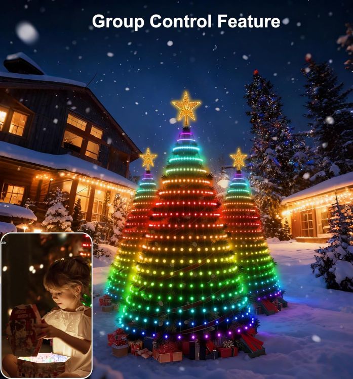 Picture of Smart Christmas Tree Lights 2.1m, DIY RGBIC Lighting Animated Pattern Displays, Waterfall Xmas LED Tree Lights with Star Topper, App & Remote Control, Music Sync Timer for Holiday in/Outdoor