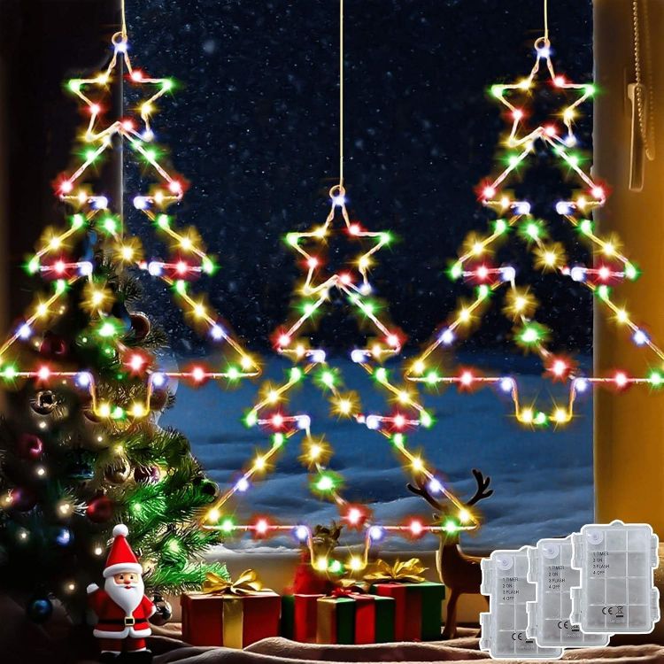 Picture of 3 Pack 55 LED Hanging Christmas Tree Light Battery Operated  Christmas Window Lights with Timer, Waterproof Xmas Tree Window Lights for Party Indoor Outdoor Xmas Decoration - Multicolor