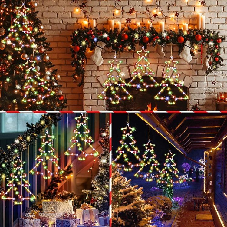 Picture of 3 Pack 55 LED Hanging Christmas Tree Light Battery Operated  Christmas Window Lights with Timer, Waterproof Xmas Tree Window Lights for Party Indoor Outdoor Xmas Decoration - Multicolor