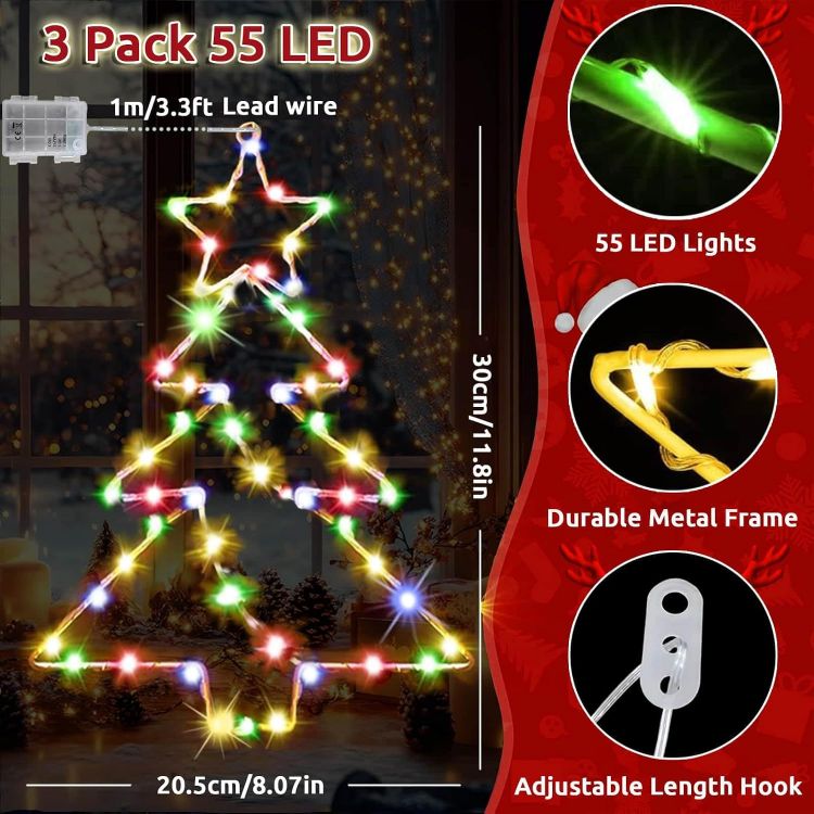 Picture of 3 Pack 55 LED Hanging Christmas Tree Light Battery Operated  Christmas Window Lights with Timer, Waterproof Xmas Tree Window Lights for Party Indoor Outdoor Xmas Decoration - Multicolor