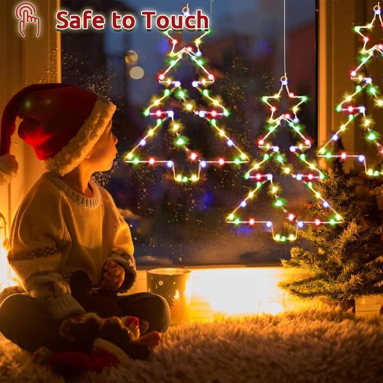 Picture of 3 Pack 55 LED Hanging Christmas Tree Light Battery Operated  Christmas Window Lights with Timer, Waterproof Xmas Tree Window Lights for Party Indoor Outdoor Xmas Decoration - Multicolor