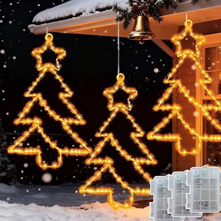 Picture of 3 Pack 55 LED Hanging Christmas Tree Light Battery Operated  Christmas Window Lights with Timer, Waterproof Xmas Tree Window Lights for Party Indoor Outdoor Xmas Decoration - Multicolor