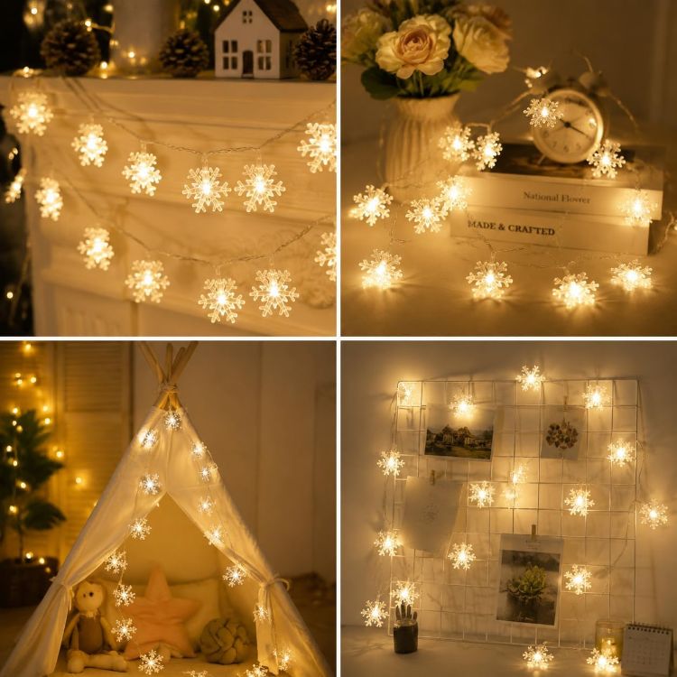Picture of 40LED 6M Snowflake Battery Powered Christmas Fairy Lights(Warm White)  Twinkling & Steady On Modes Battery Christmas Lights, Indoor String Lights for Christmas,Decorations,Xmas,Bedroom