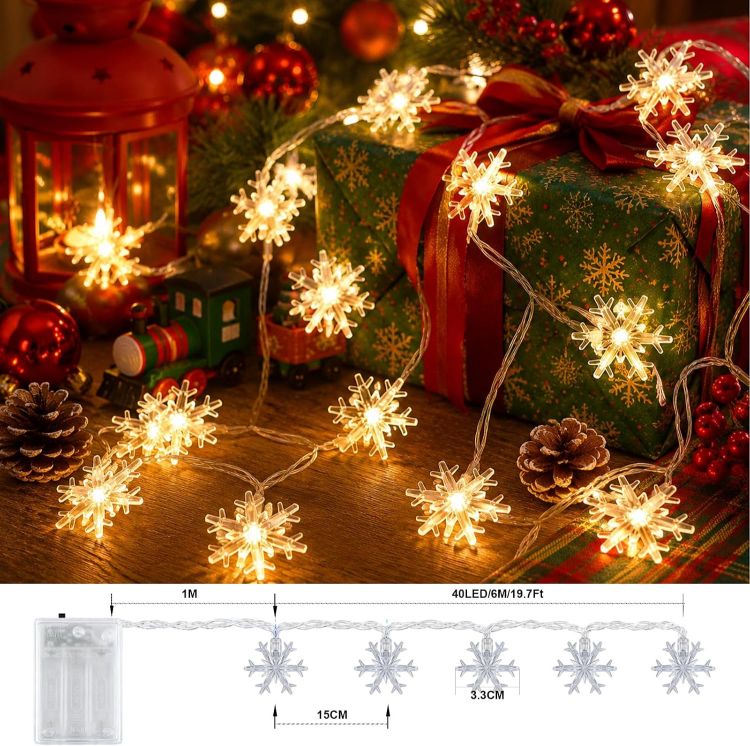 Picture of 40LED 6M Snowflake Battery Powered Christmas Fairy Lights(Warm White)  Twinkling & Steady On Modes Battery Christmas Lights, Indoor String Lights for Christmas,Decorations,Xmas,Bedroom