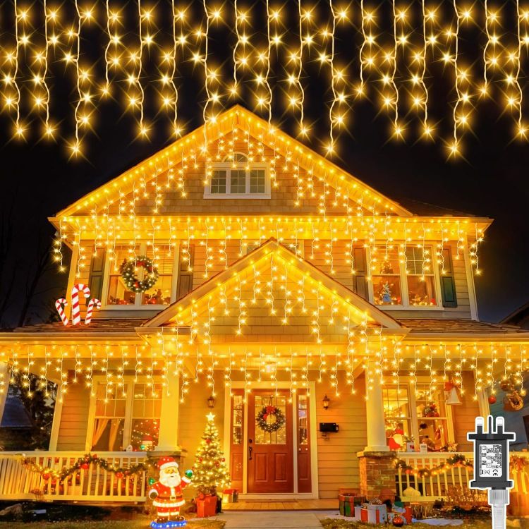 Picture of 20M 480LEDs Icicle Christmas Lights Mains Powered with Timer & Waterproof &Memory Hanging Fairy Light for Outside House Gutter Roof Window Wall Xmas Decorations-WarmWhite 