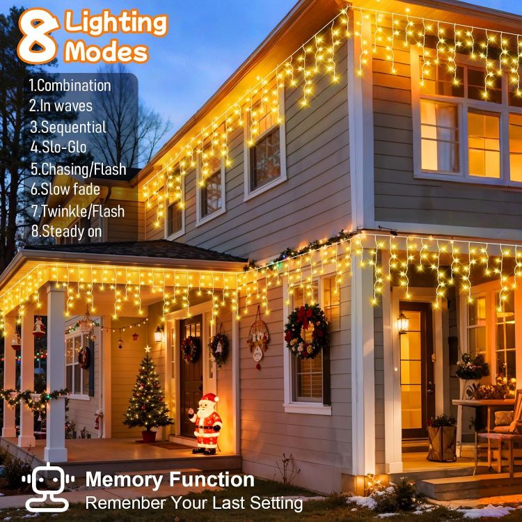 Picture of 20M 480LEDs Icicle Christmas Lights Mains Powered with Timer & Waterproof &Memory Hanging Fairy Light for Outside House Gutter Roof Window Wall Xmas Decorations-WarmWhite 
