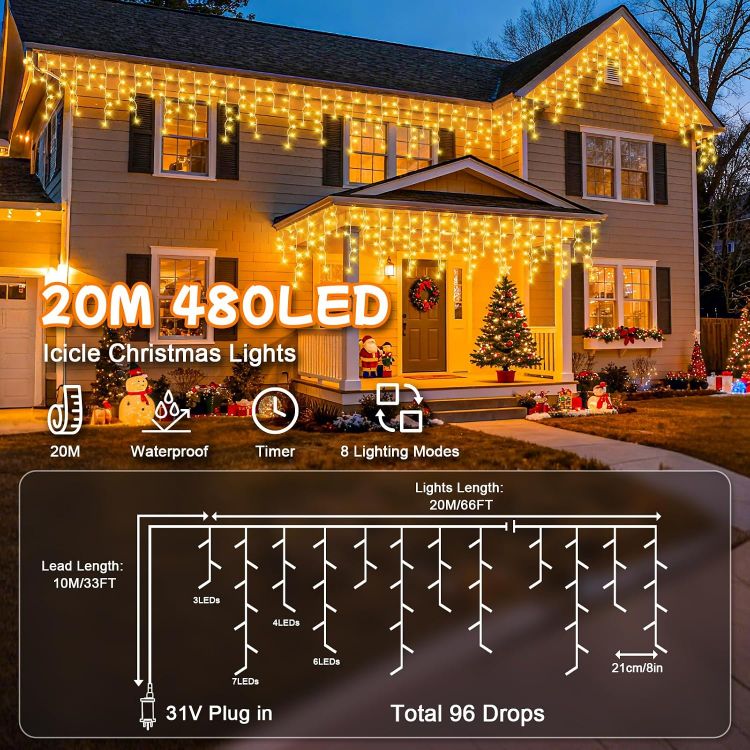 Picture of 20M 480LEDs Icicle Christmas Lights Mains Powered with Timer & Waterproof &Memory Hanging Fairy Light for Outside House Gutter Roof Window Wall Xmas Decorations-WarmWhite 