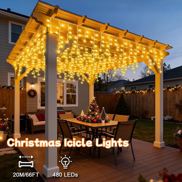 Picture of 20M 480LEDs Icicle Christmas Lights Mains Powered with Timer & Waterproof &Memory Hanging Fairy Light for Outside House Gutter Roof Window Wall Xmas Decorations-WarmWhite 