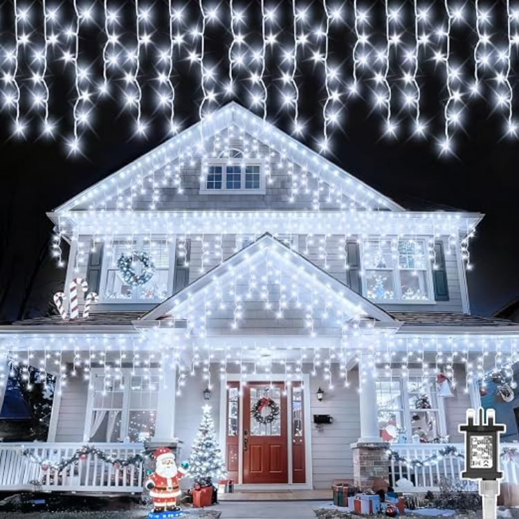 Picture of 20M 480LEDs Icicle Christmas Lights Mains Powered with Timer & Waterproof &Memory Hanging Fairy Light for Outside House Gutter Roof Window Wall Xmas Decorations-WarmWhite 