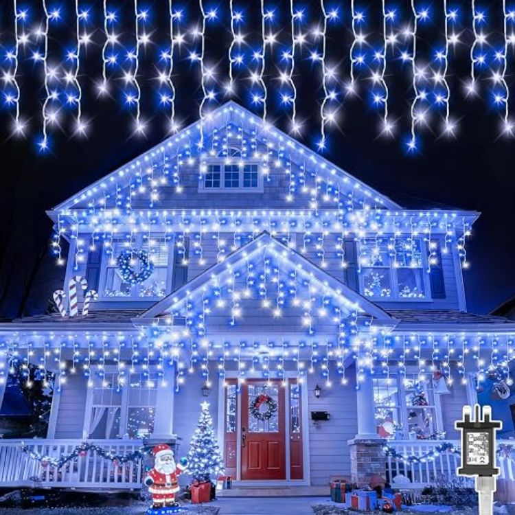 Picture of 20M 480LEDs Icicle Christmas Lights Mains Powered with Timer & Waterproof &Memory Hanging Fairy Light for Outside House Gutter Roof Window Wall Xmas Decorations-WarmWhite 