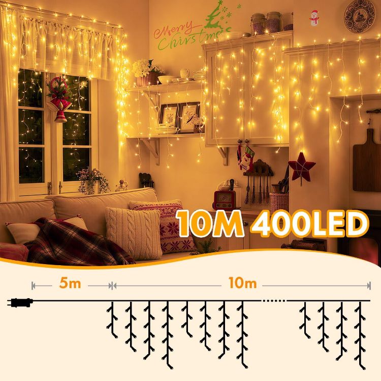 Picture of 20M 480LEDs Icicle Christmas Lights Mains Powered with Timer & Waterproof &Memory Hanging Fairy Light for Outside House Gutter Roof Wall Xmas Decorations, Cool White 