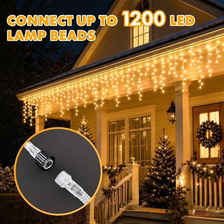 Picture of 20M 480LEDs Icicle Christmas Lights Mains Powered with Timer & Waterproof &Memory Hanging Fairy Light for Outside House Gutter Roof Wall Xmas Decorations, Cool White 
