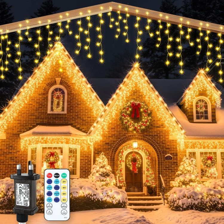 Picture of 20M 480LEDs Icicle Christmas Lights Mains Powered with Timer & Waterproof &Memory Hanging Fairy Light for Outside House Gutter Roof Wall Xmas Decorations, Cool White 