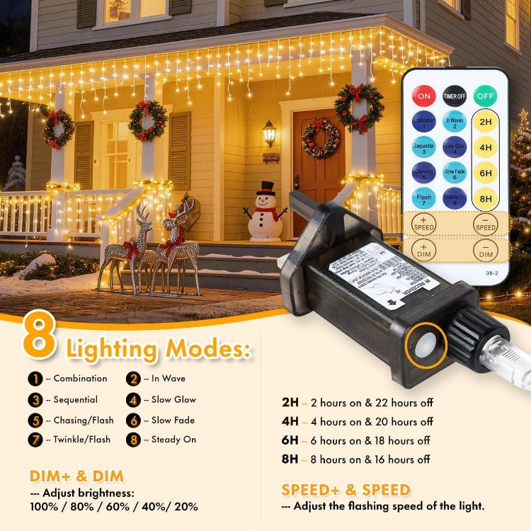 Picture of 20M 480LEDs Icicle Christmas Lights Mains Powered with Timer & Waterproof &Memory Hanging Fairy Light for Outside House Gutter Roof Wall Xmas Decorations, Cool White 