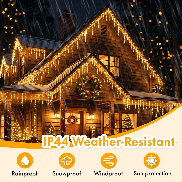 Picture of 20M 480LEDs Icicle Christmas Lights Mains Powered with Timer & Waterproof &Memory Hanging Fairy Light for Outside House Gutter Roof Wall Xmas Decorations, Cool White 