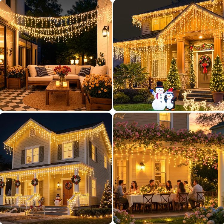 Picture of 20M 480LEDs Icicle Christmas Lights Mains Powered with Timer & Waterproof &Memory Hanging Fairy Light for Outside House Gutter Roof Wall Xmas Decorations, Cool White 