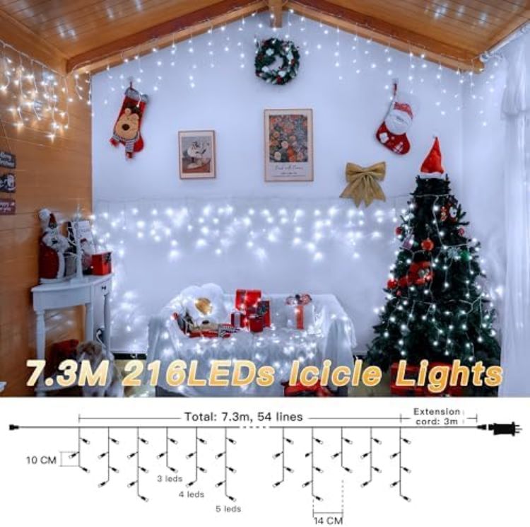 Picture of Christmas Lights, 216 LEDs 7.3m Waterproof Connectable Outside Fairy Light Mains Powered, Cool White Hanging String Light Plug in, for House Roof Porch Gutter Xmas Decorations