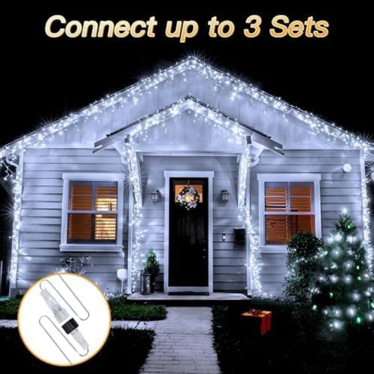Picture of Christmas Lights, 216 LEDs 7.3m Waterproof Connectable Outside Fairy Light Mains Powered, Cool White Hanging String Light Plug in, for House Roof Porch Gutter Xmas Decorations