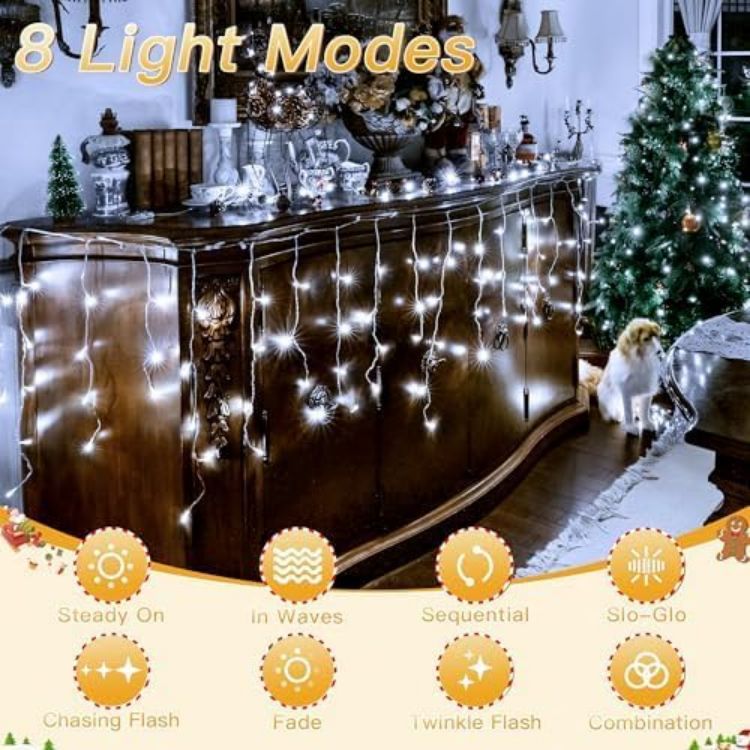 Picture of Christmas Lights, 216 LEDs 7.3m Waterproof Connectable Outside Fairy Light Mains Powered, Cool White Hanging String Light Plug in, for House Roof Porch Gutter Xmas Decorations